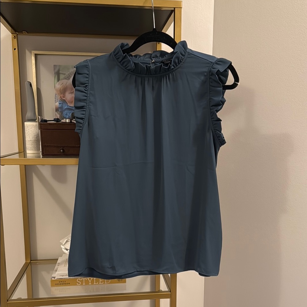 Ann Taylor Blue Ruffled Sleeveless Blouse